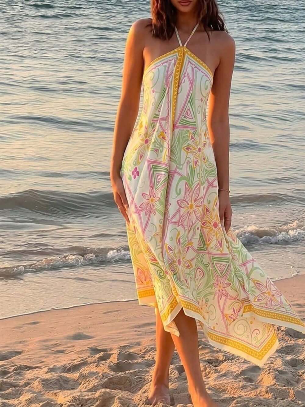 Yellow Boho Women's Vacation Halter Tie Neck Asymmetrical Hem Printed Dress